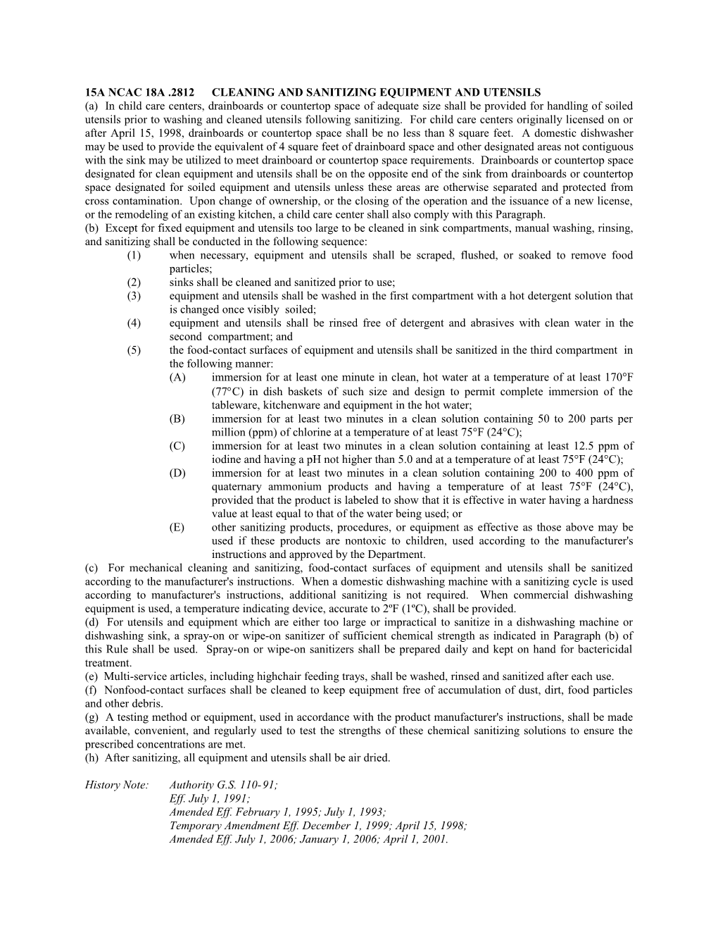 15A NCAC 18A .2812CLEANING and SANITIZING Equipment and Utensils