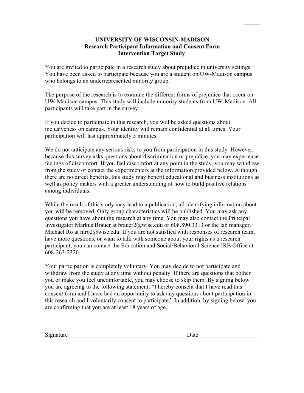 UNIVERSITY of WISCONSIN-MADISON Research Participant Information and Consent Form