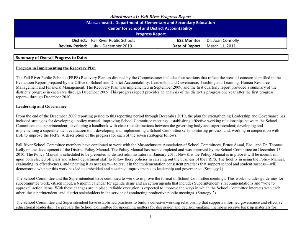 3/22/11 Agenda Item #3 - Attachment 1: Fall River Progress Report, March 2011