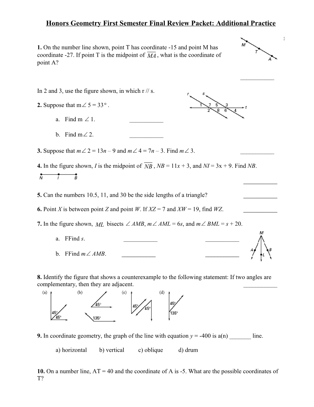 1. on the Number Line Shown, Point T Has Coordinate -15 and Point M Has Coordinate -27