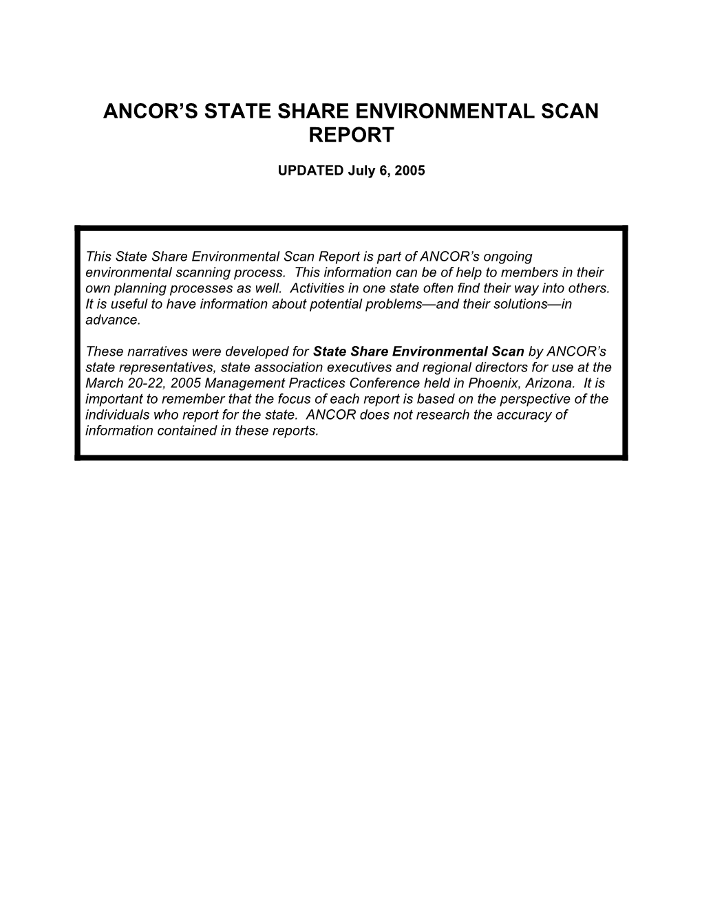 Ancor S State Share Environmental Scan Report