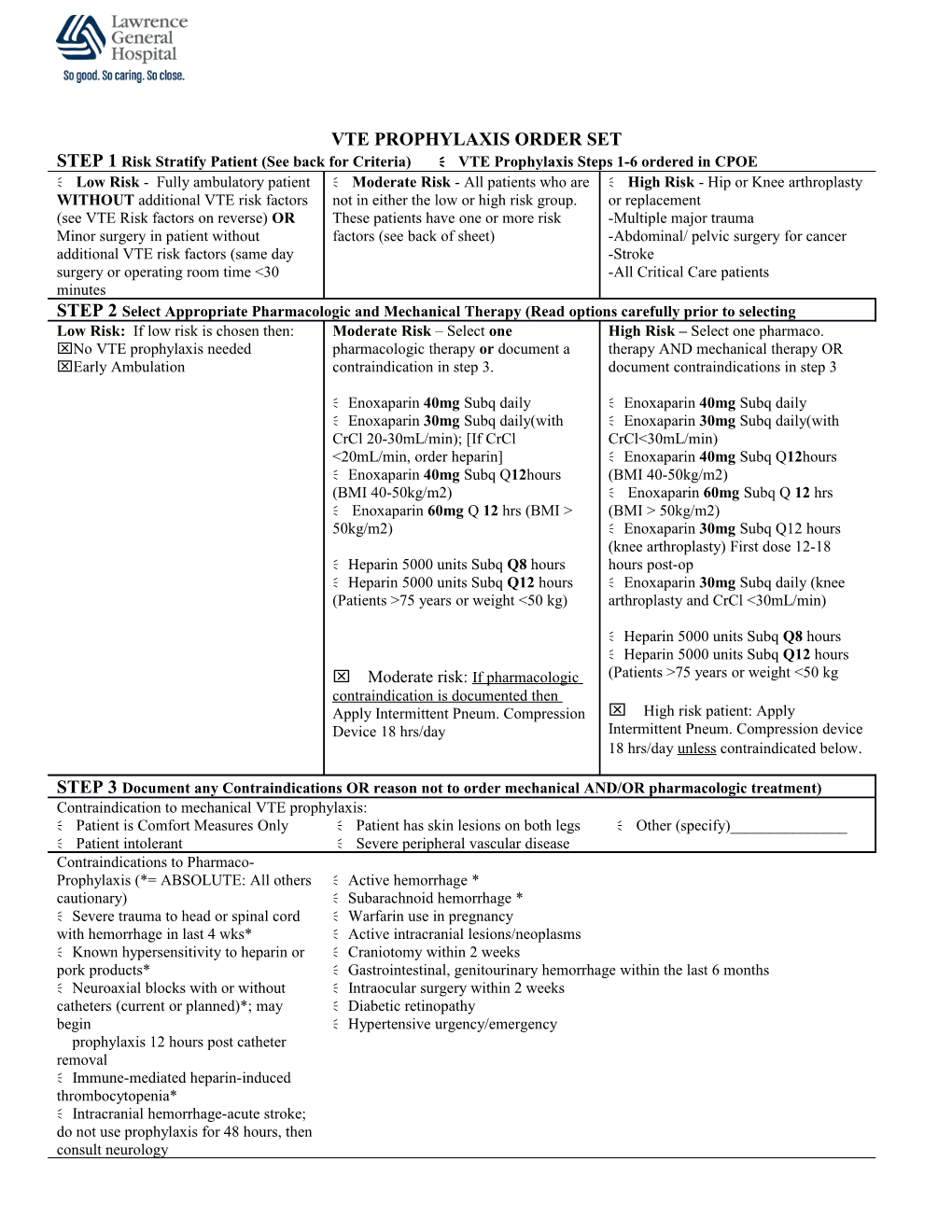 Vte Prophylaxis Order Set