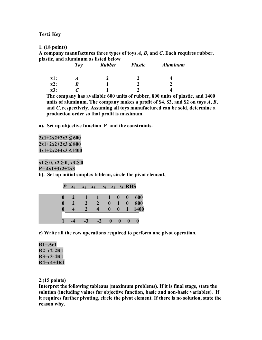 A). Set up Objective Function P and the Constraints