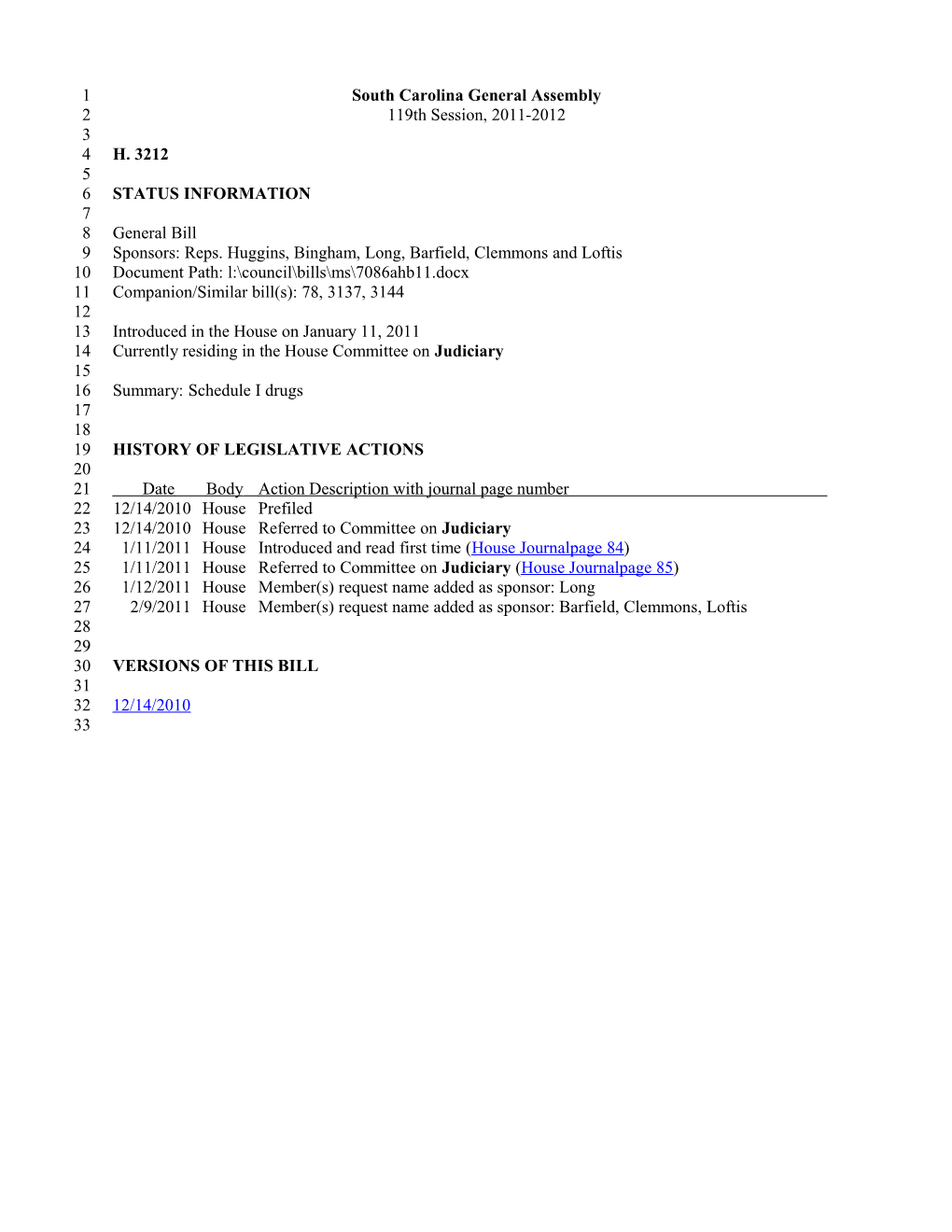 2011-2012 Bill 3212: Schedule I Drugs - South Carolina Legislature Online