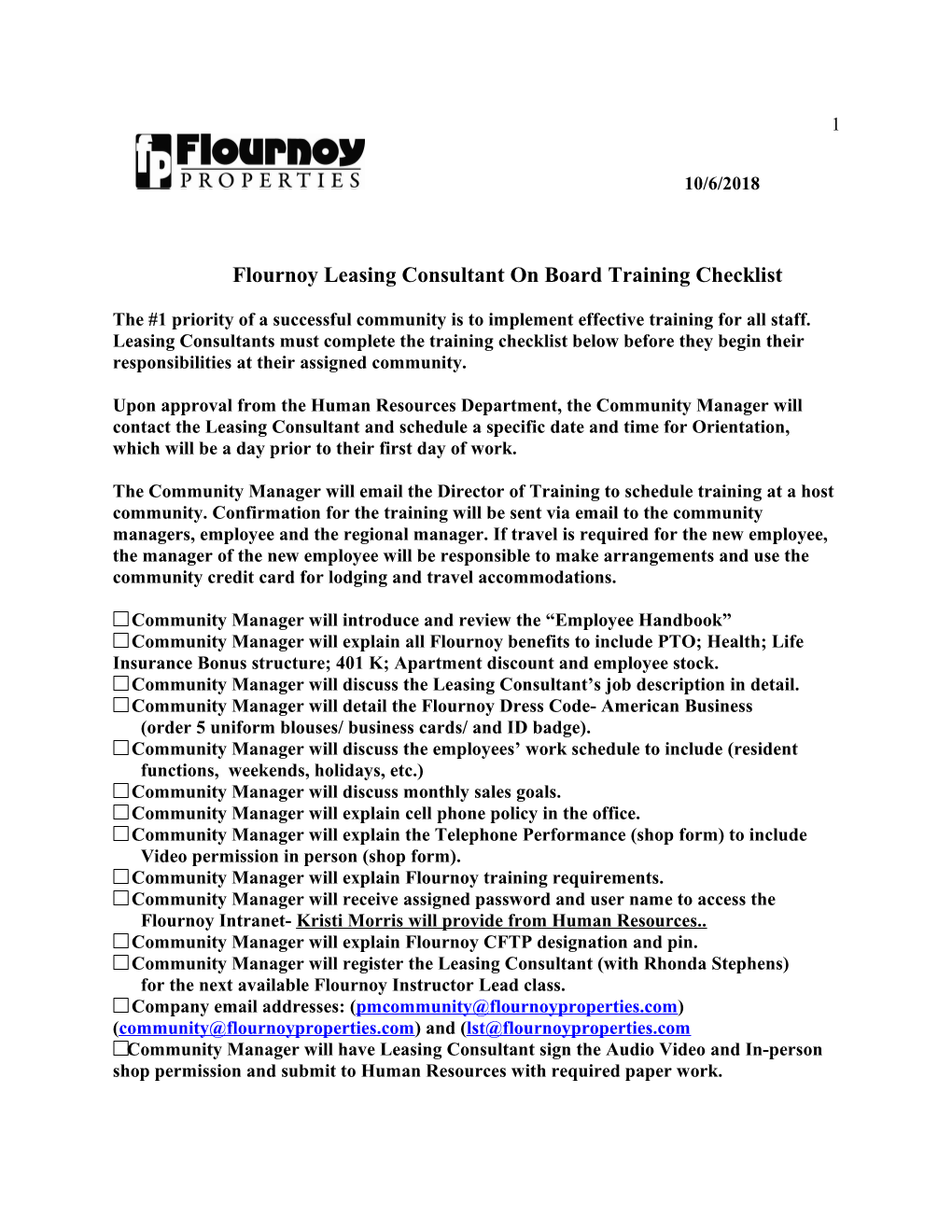 Flournoy Leasing Consultant on Board Training Checklist