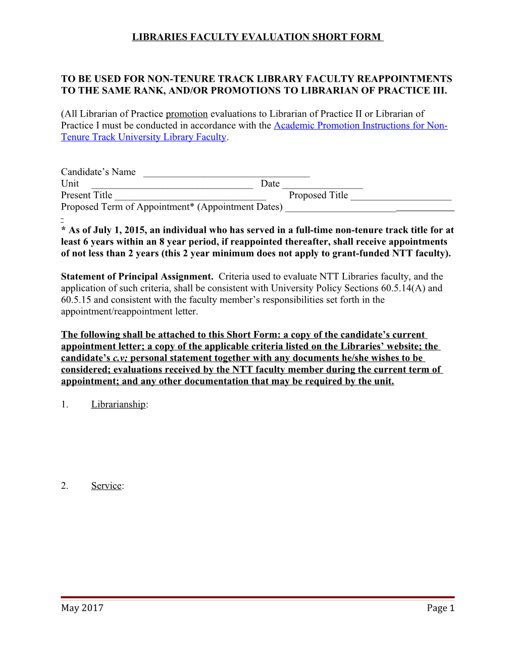Libraries Faculty Evaluation Short Form