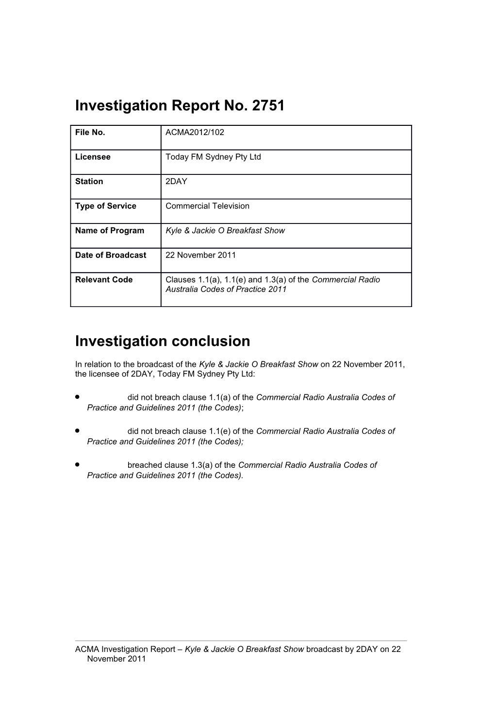 2DAYFM - ACMA Investigation Report 2751