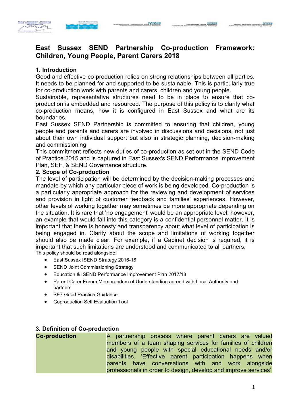 East Sussex SEND Partnership Co-Production Framework: Children, Young People, Parent Carers2018