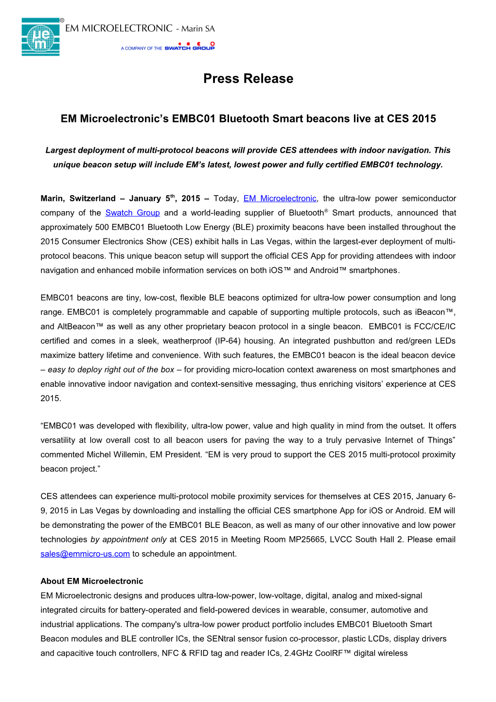 EM Microelectronic S EMBC01 Bluetooth Smart Beacons Liveat CES 2015