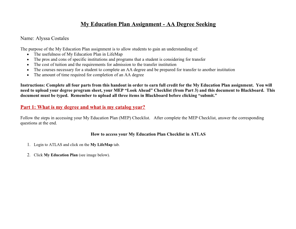 My Education Plan Assignment -AA Degree Seeking