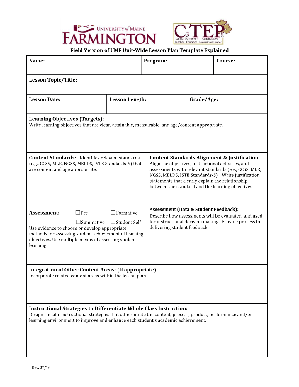 Field Version of UMF Unit-Wide Lesson Plan Template Explained