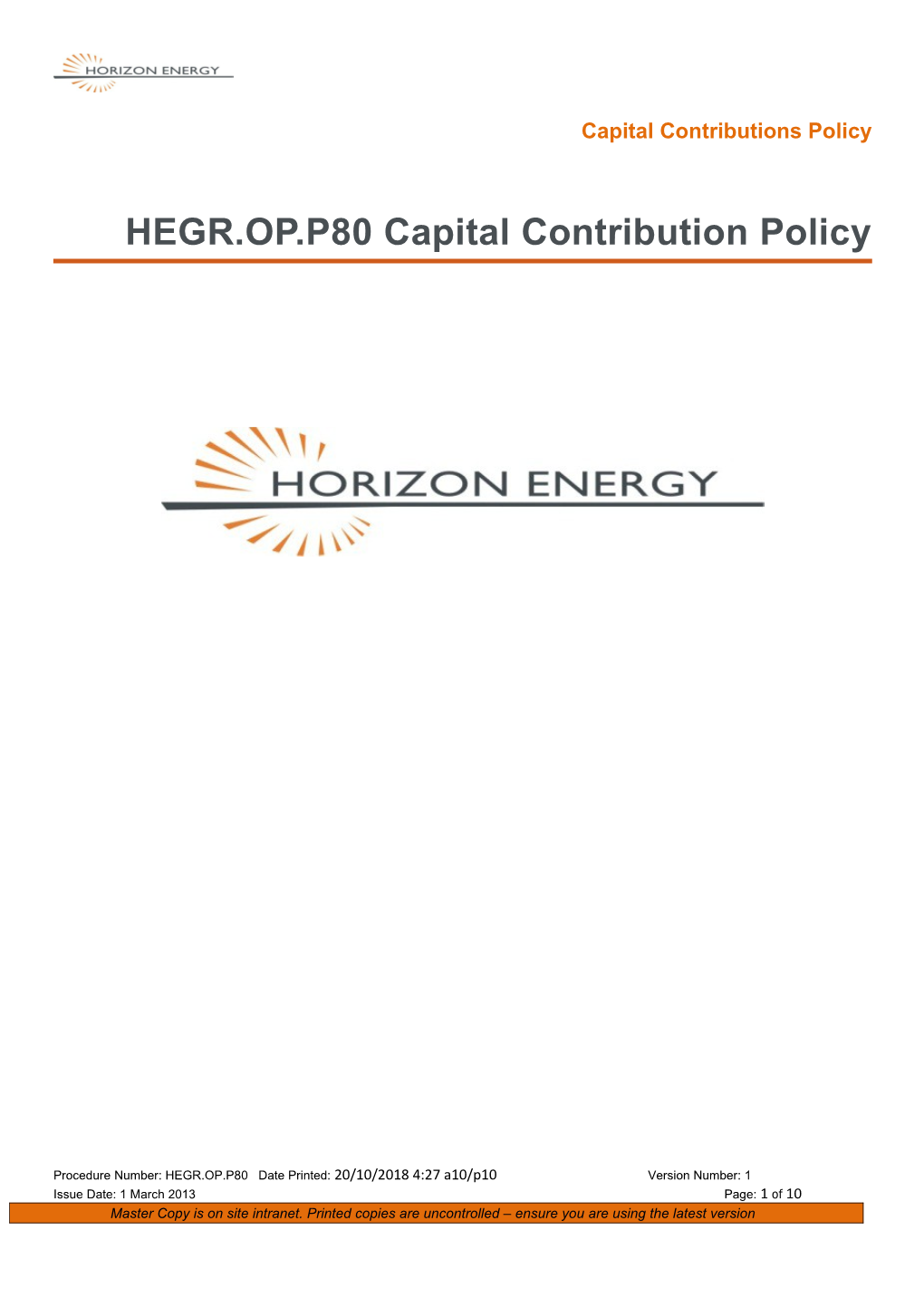 Horizon Energy Capital Contribution Policy