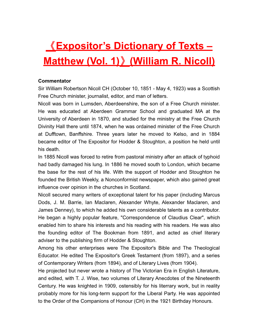Expositor S Dictionaryof Texts Matthew (Vol. 1) (William R. Nicoll)