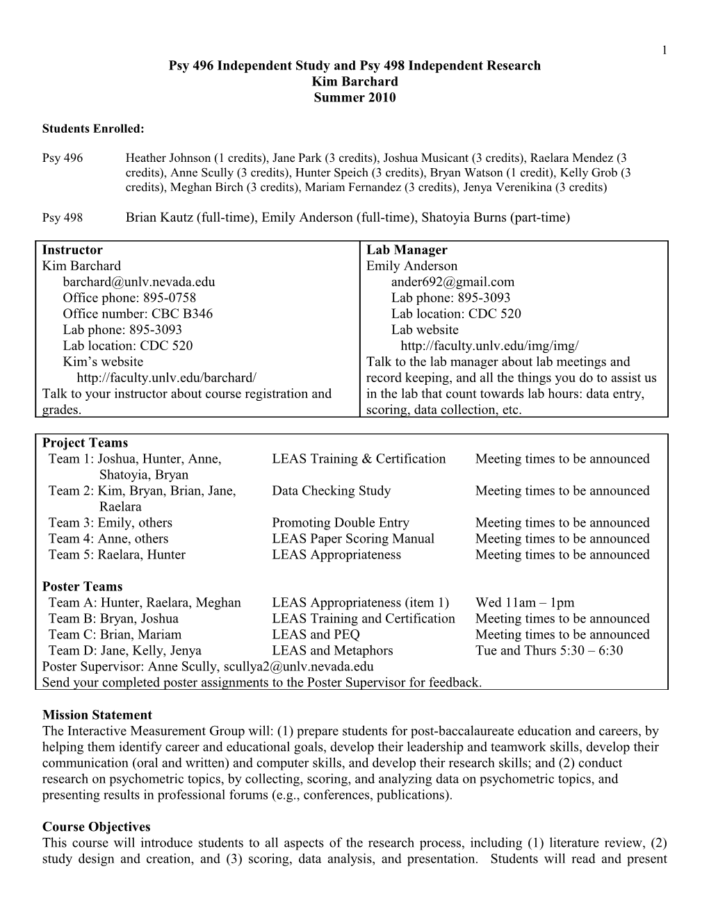 Psy 496 Independent Study and Psy 498 Independent Research