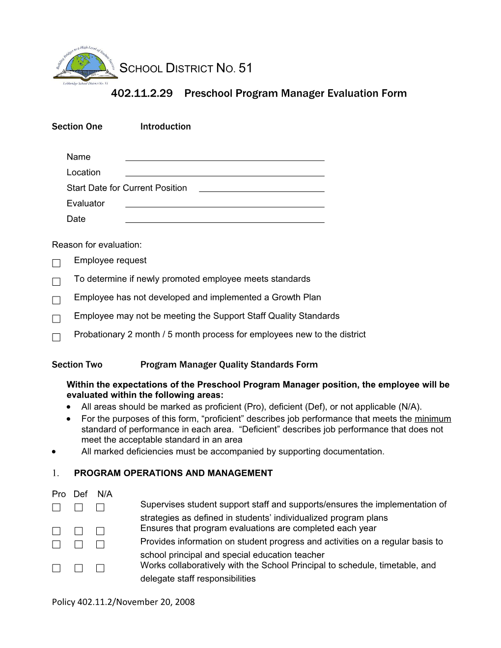 Preschool Program Manager Evaluation- 1