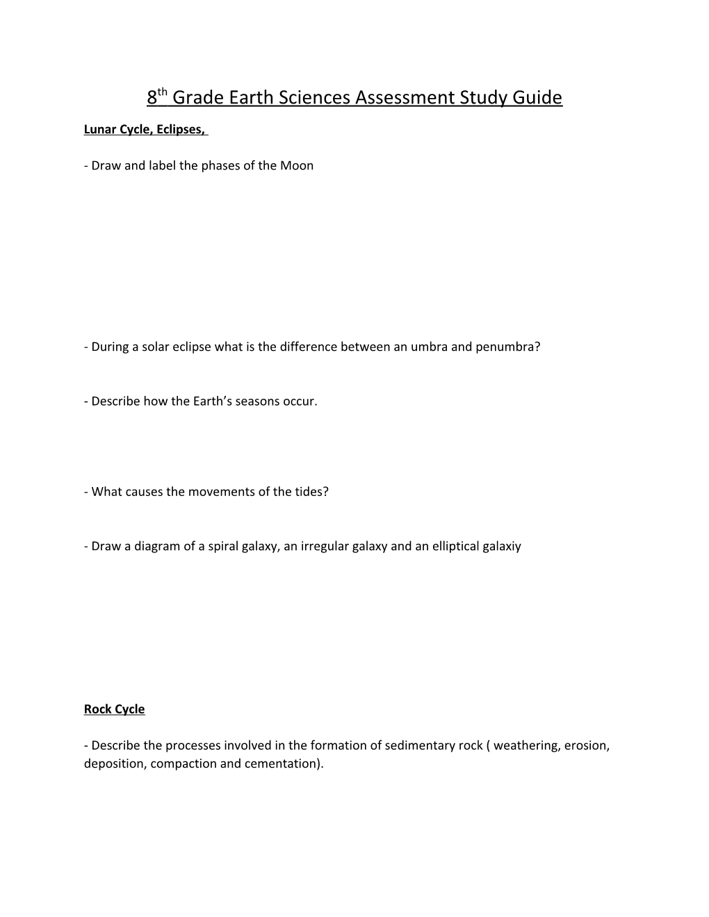 8Th Grade Earth Sciences Assessment Study Guide