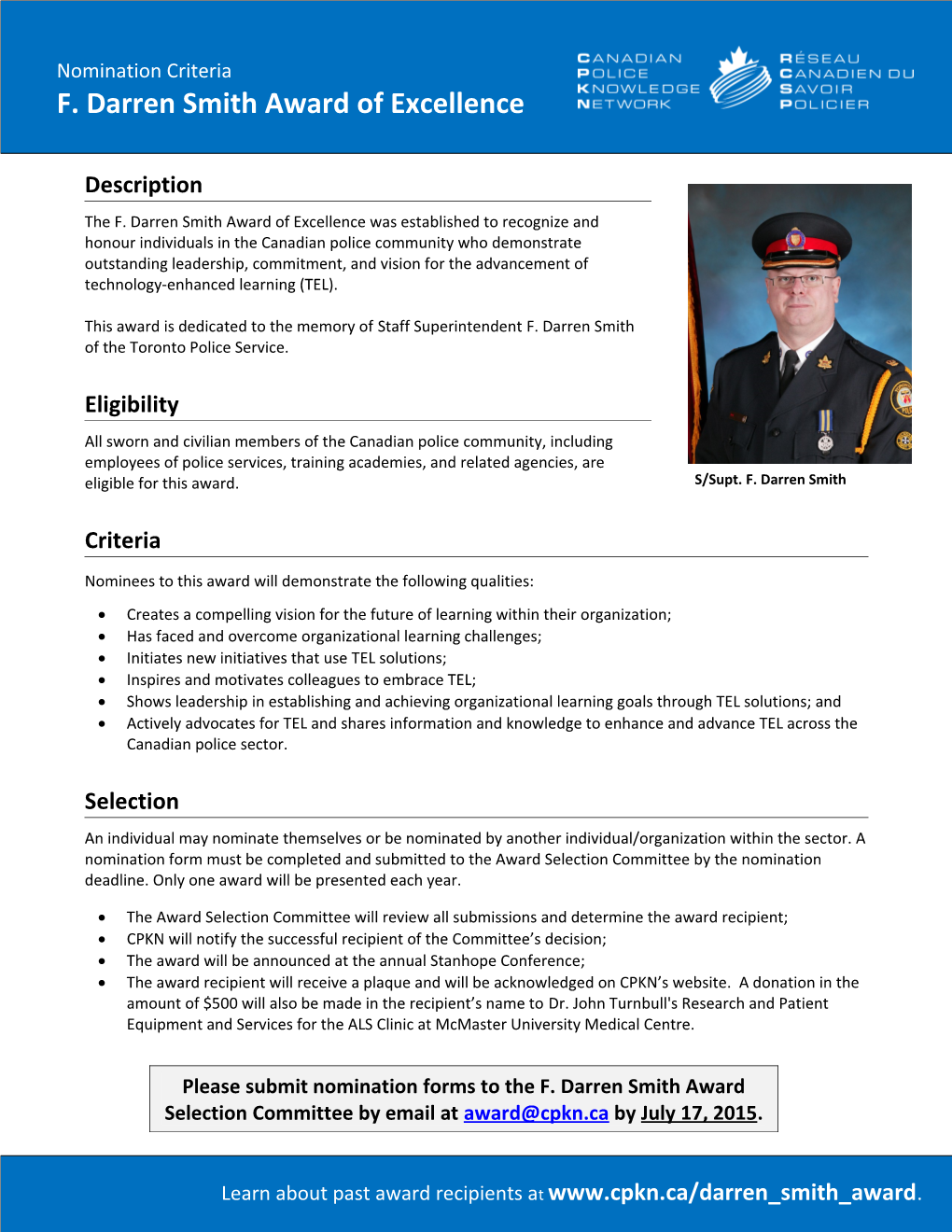 F. Darren Smith Award of Excellence Nomination Form 1