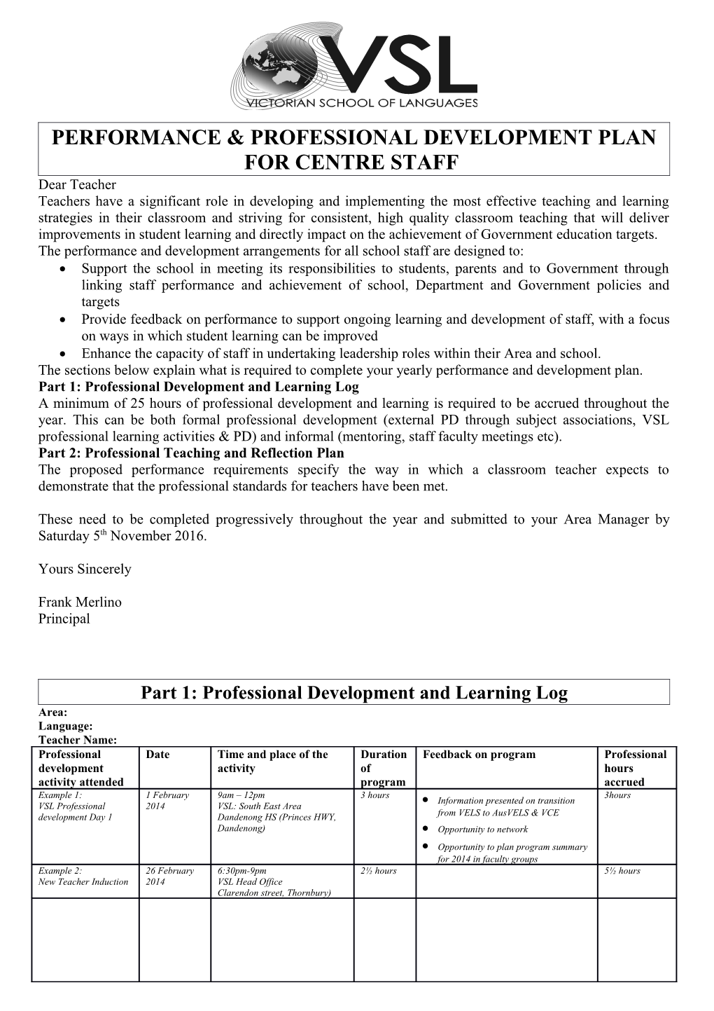 Performance & Professional Development Plan for Centre Staff