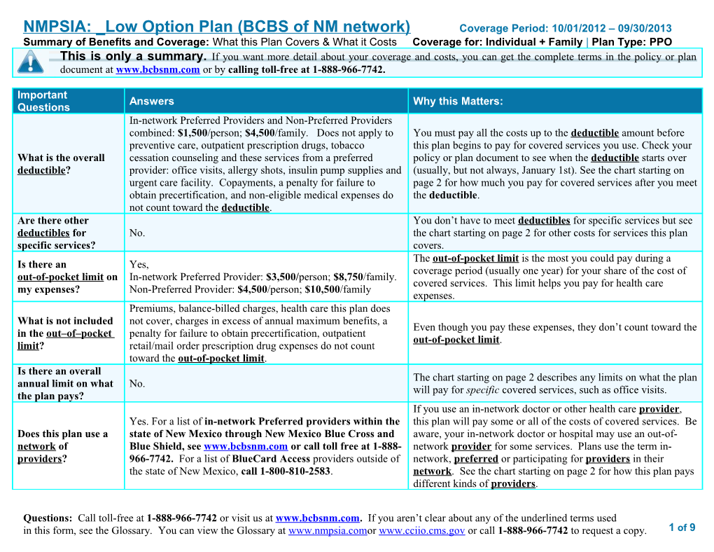 NMPSIA: Low Option Plan (BCBS of NM Network)Coverage Period: 10/01/2012 09/30/2013