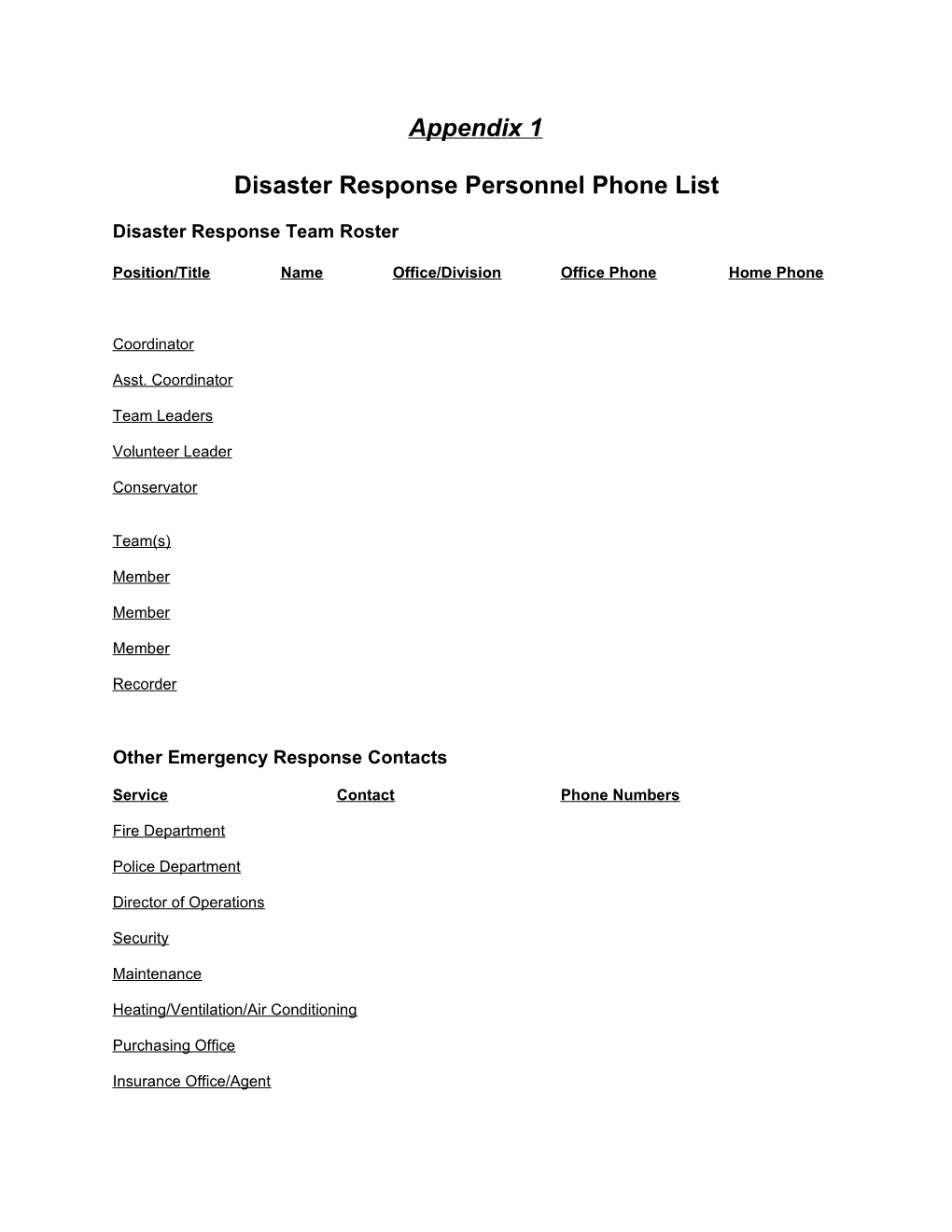 Disaster Response Personnel Phone List