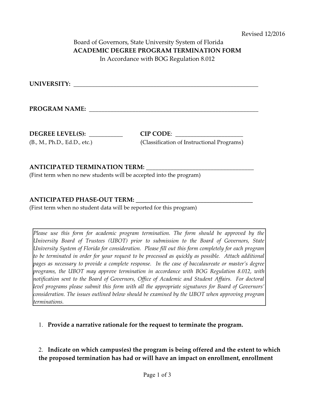 Academic Degree Program Termination Form