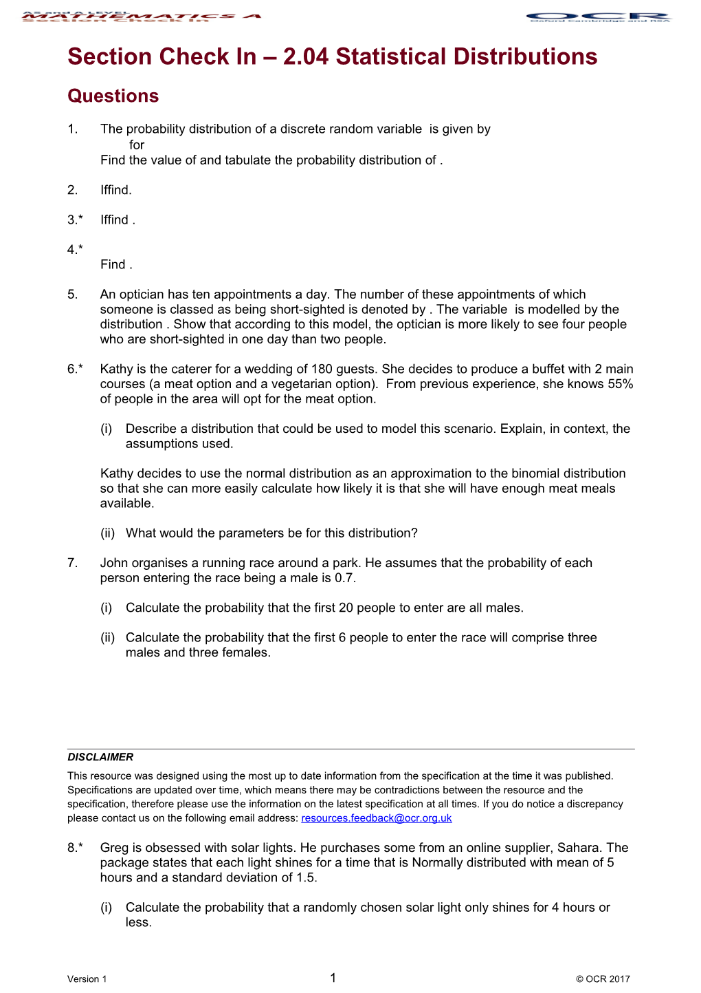 AS and a Level Mathematics a Check in Test