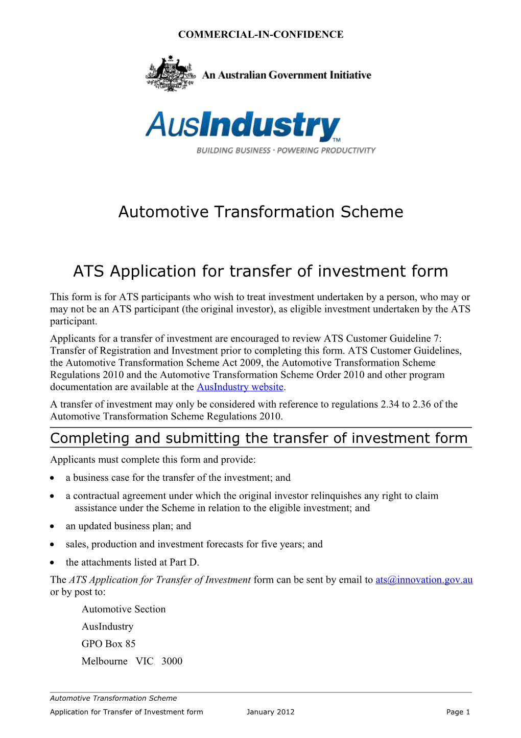 ATS Application for Transfer of Investment Form