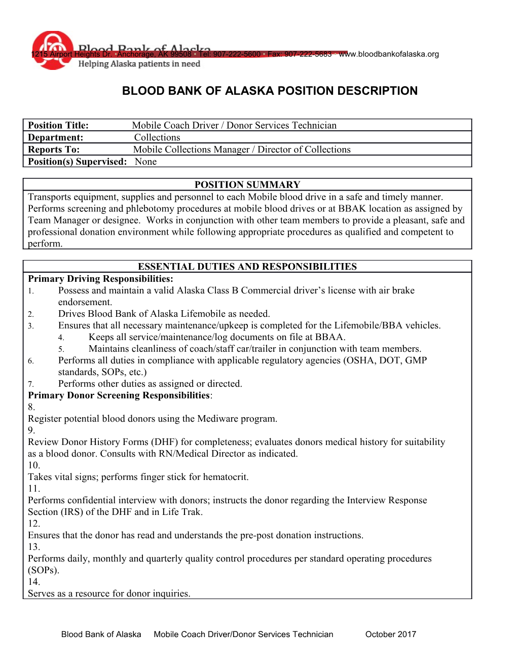 Blood Bank of Alaska Position Description