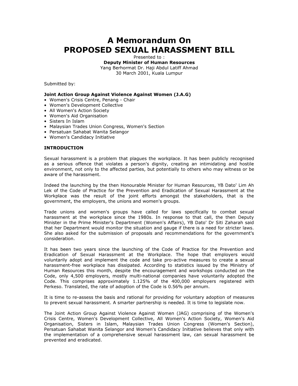 Proposed Sexual Harassment Bill