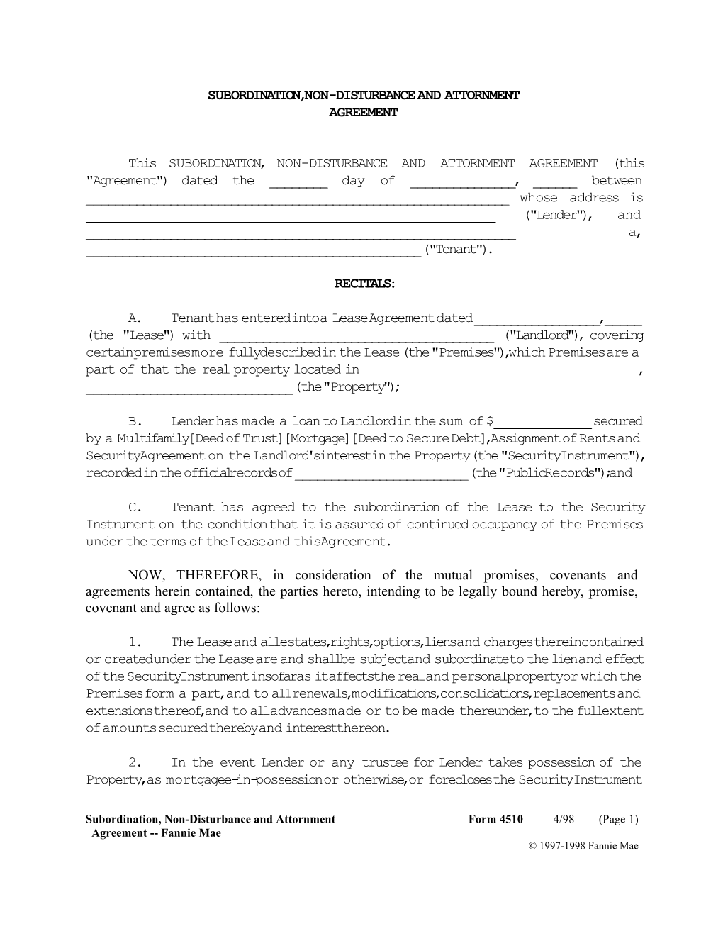 Subordination, Non-Disturbance and Attornment Agreement