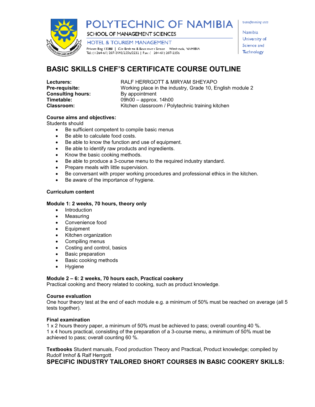 Basic Skills Chef S Certificate Course
