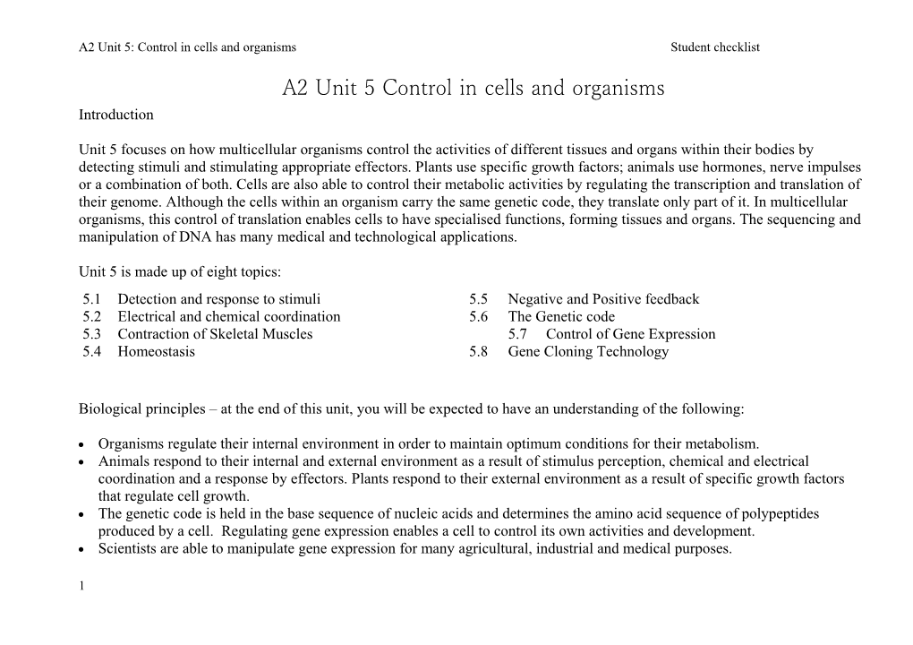 A2 Unit 5: Control in Cells and Organisms Student Checklist