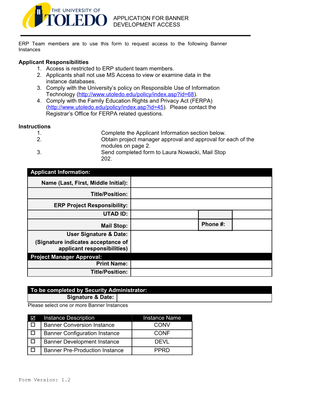 Banner Development Instance Access Form