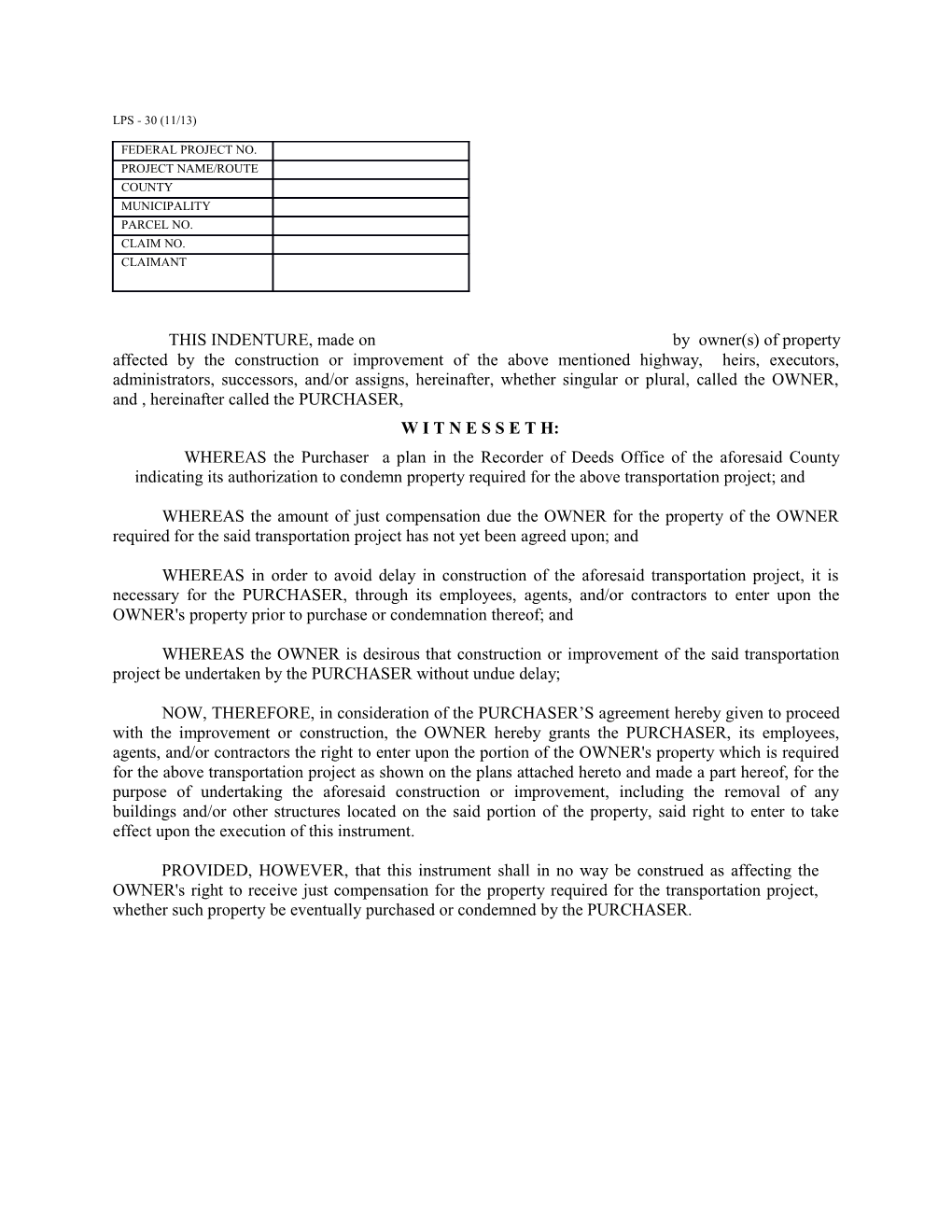 THIS INDENTURE, Made on by Owner(S) of Property Affected by the Construction Or Improvement