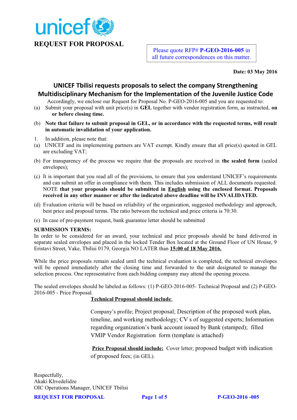 Accordingly, We Enclose Our Request for Proposal No. P-GEO-2016-005And You Are Requested To