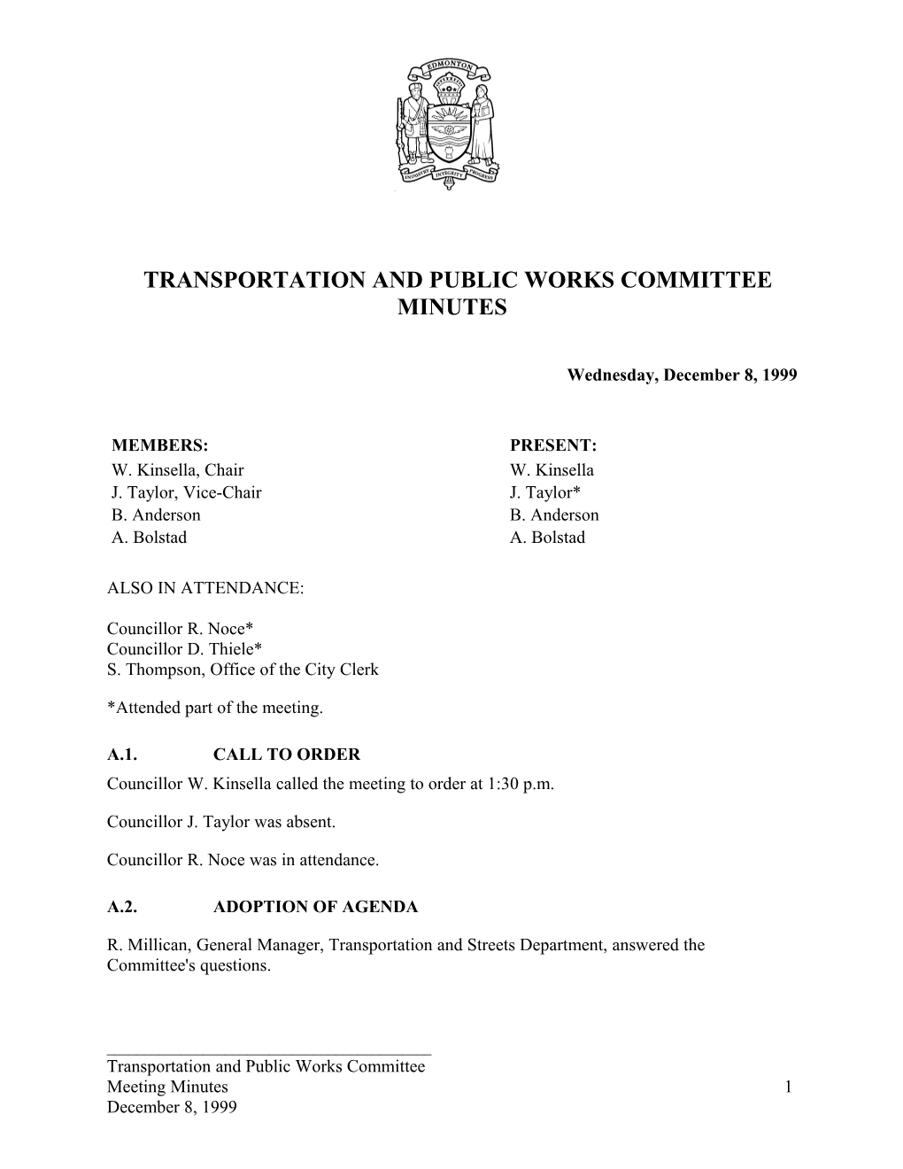 Minutes for Transportation and Public Works Committee December 8, 1999 Meeting