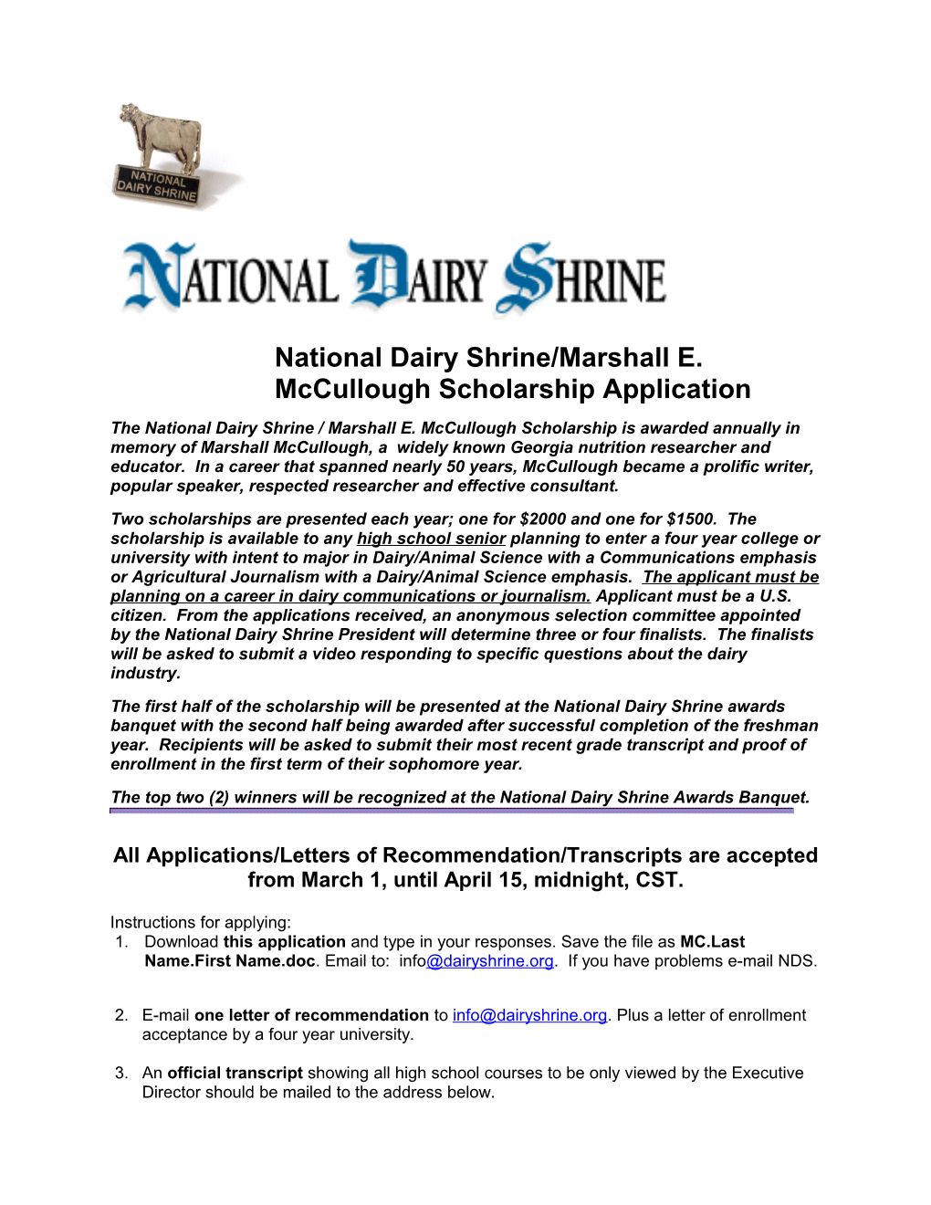 National Dairy Shrine/Marshall E. Mcculloughscholarship Application