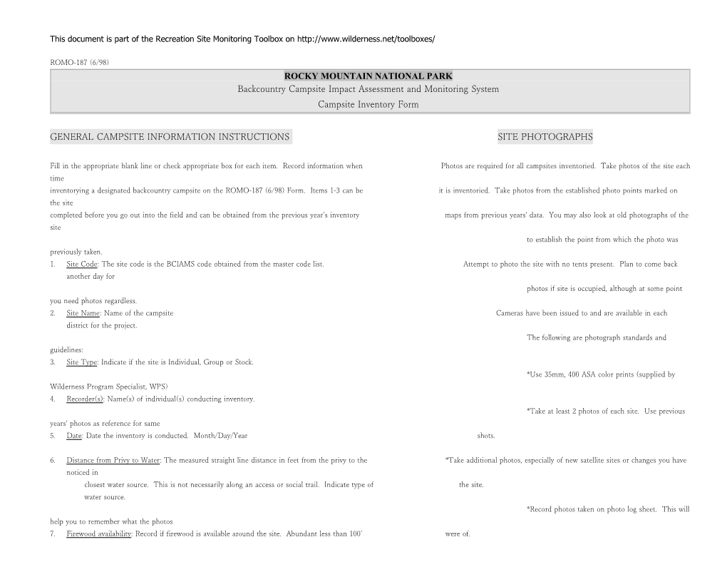 Backcountry Campsite Impact Assessment and Monitoring System Inventory Form