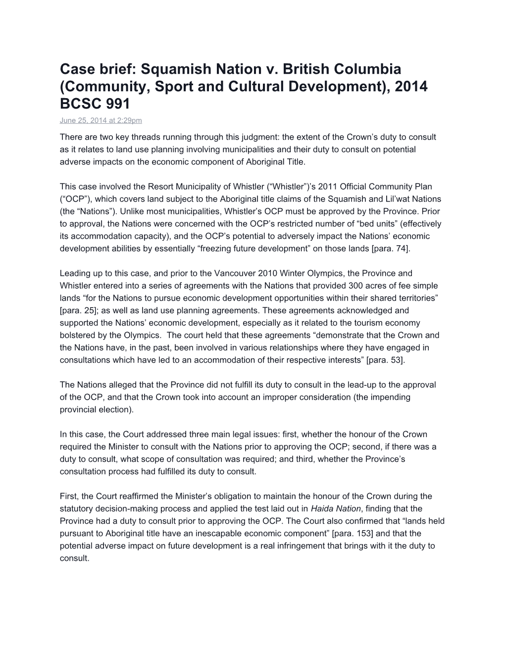 Case Brief: Squamish Nation V. British Columbia (Community, Sport and Cultural Development)