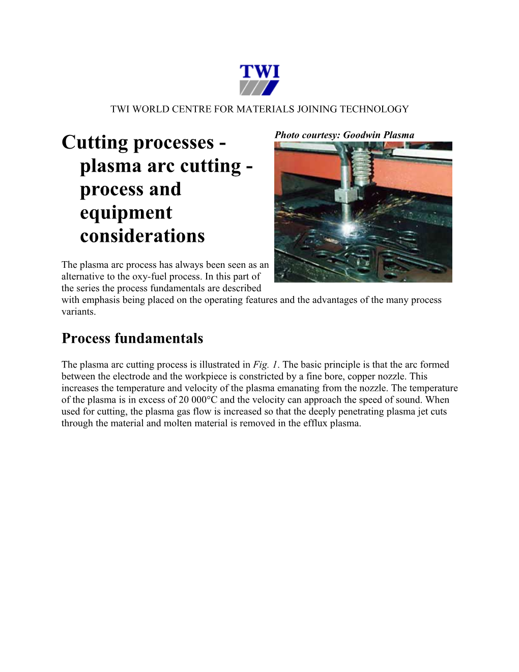 Cutting Processes - Plasma Arc Cutting - Process and Equipment Considerations