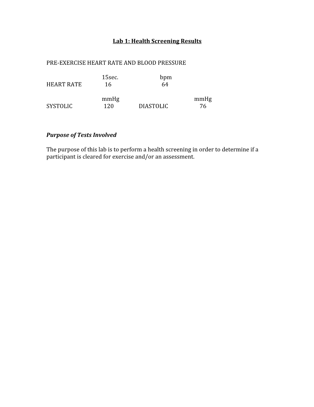 Lab 1: Health Screening Results