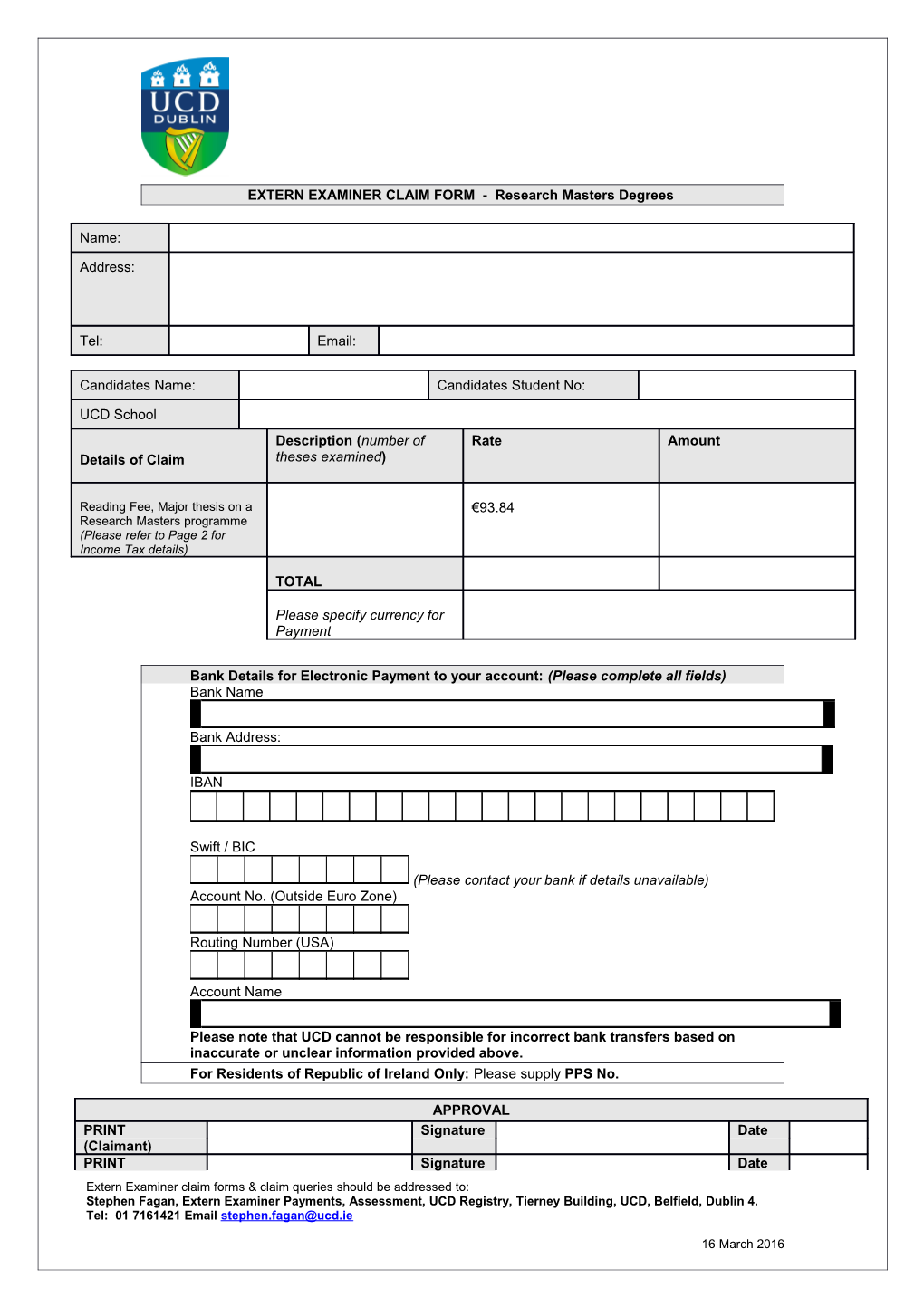 EXTERN EXAMINER CLAIM FORM - Research Masters Degrees