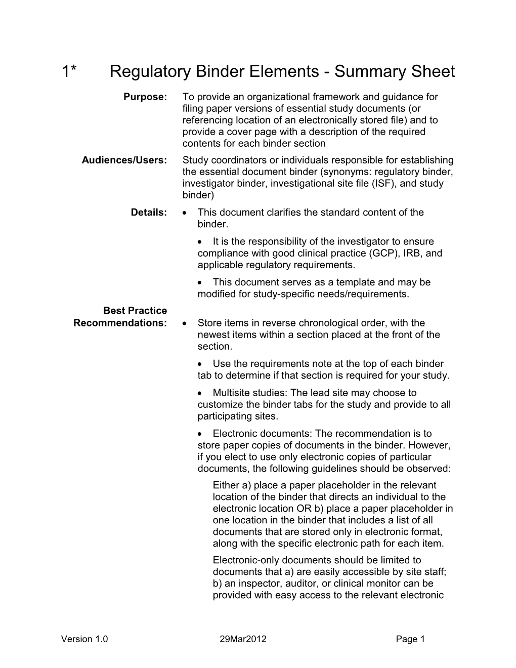 Regulatory Binder Elements - Summary Sheet