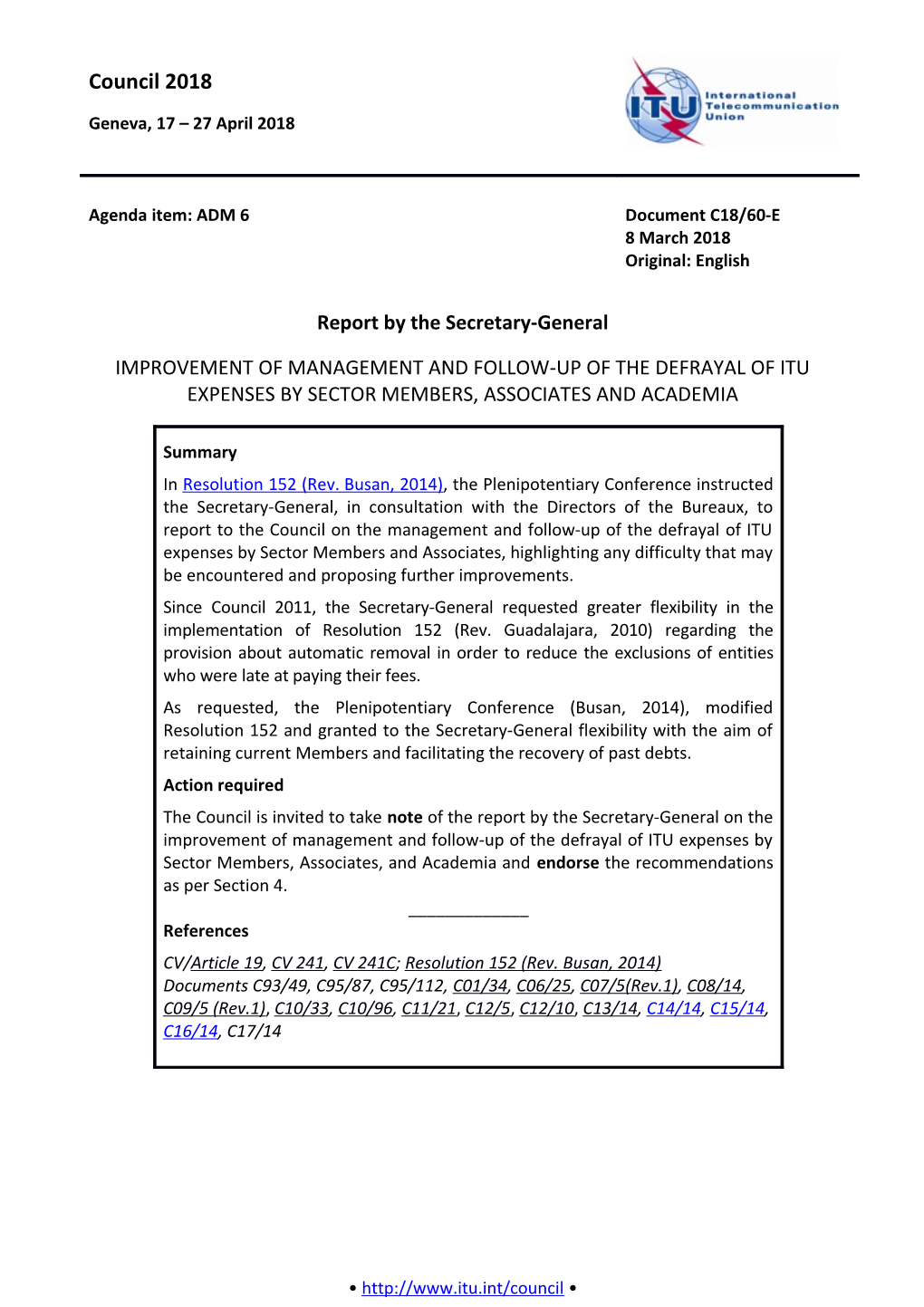 Improvement of Management and Follow-Up of the Defrayal of ITU Expenses by Sector Members