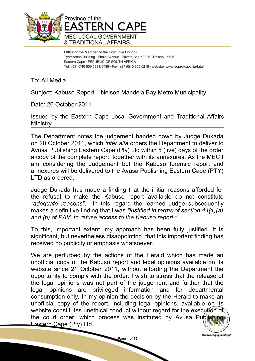 Subject: Kabuso Report Nelson Mandela Bay Metro Municipality
