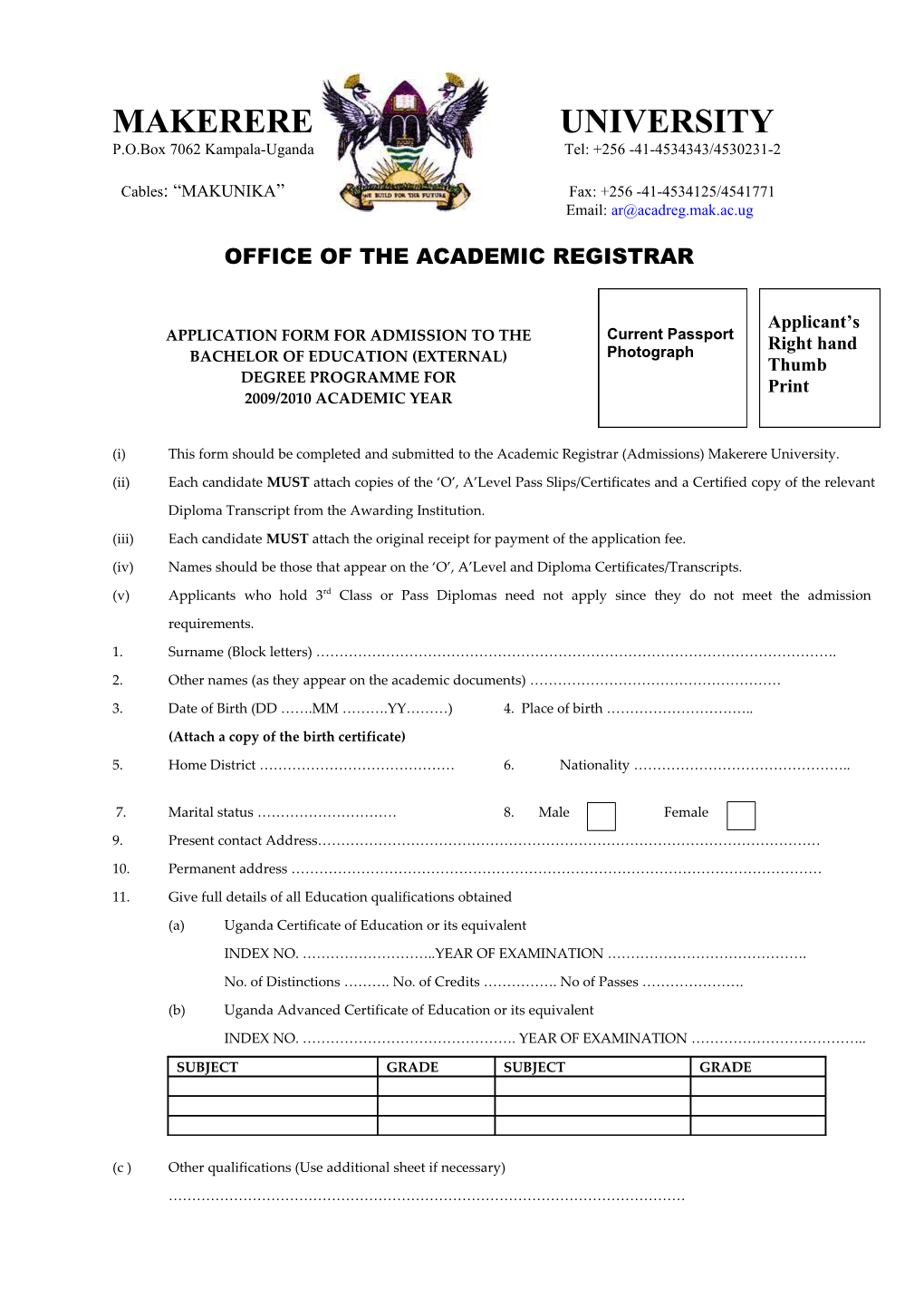 Application Form for Admission to The