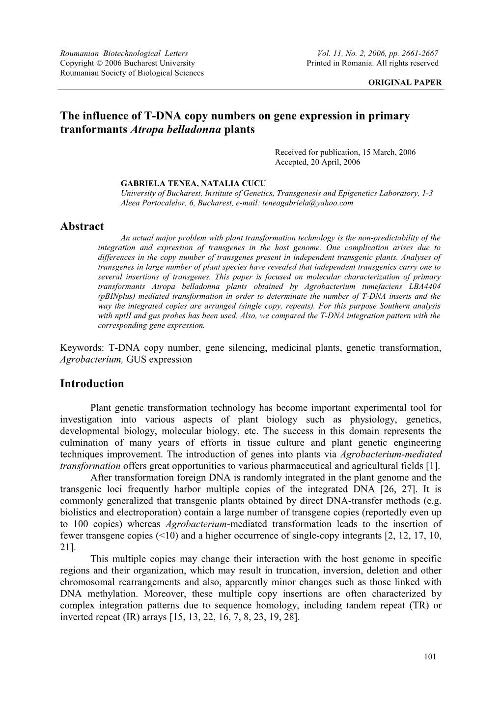 The Influence of T-DNA Copy Numbers on Gene Expression in Belladonna Transgenic Lines