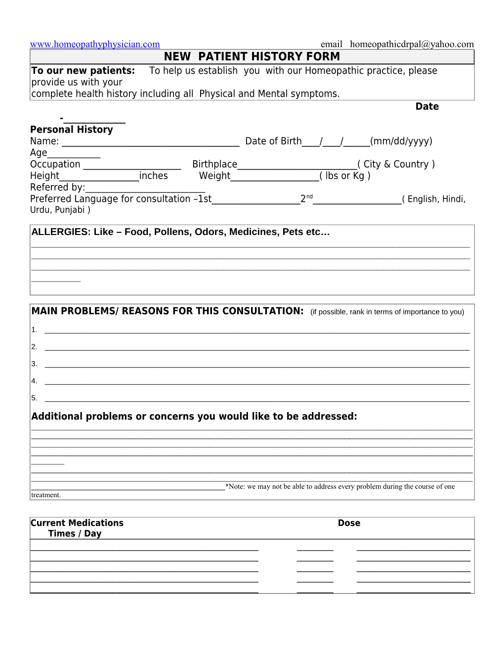 New Patient History Form