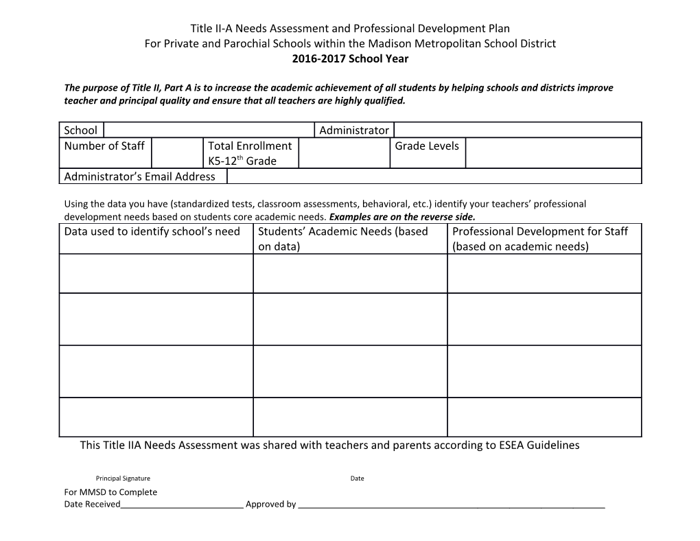 Title II-A Needs Assessment and Professional Development Plan