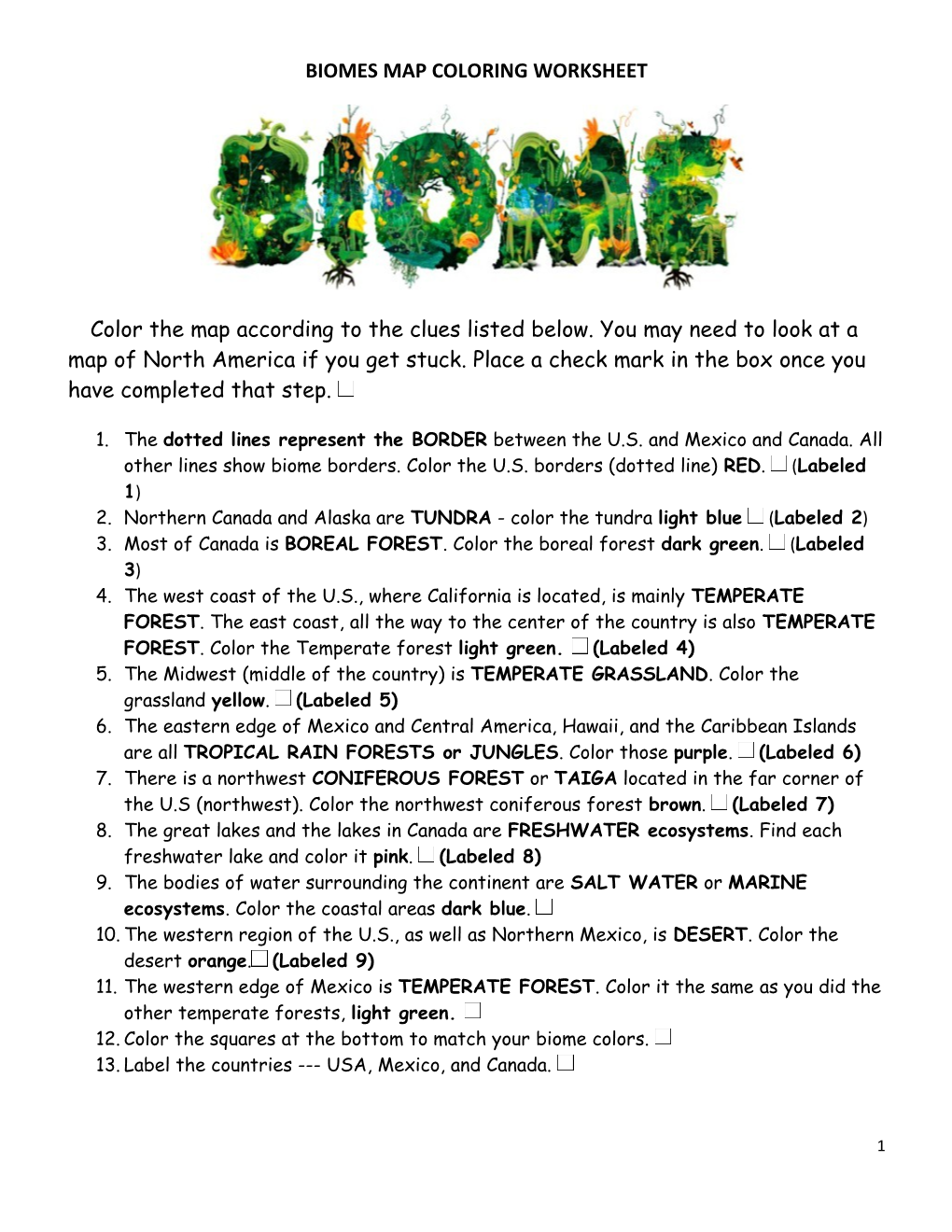 Biomes Map Coloring Worksheet